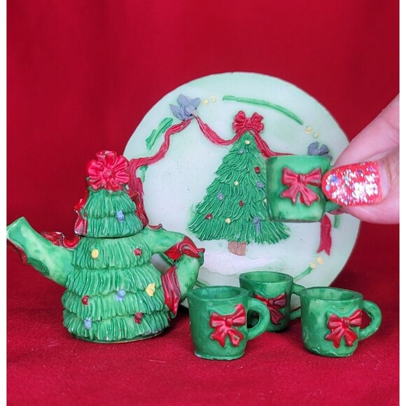 Miniature Christmas Tree TeaPot w/Cups Hand Painted Green Hermitage Pottery Set - Picture 12 of 12